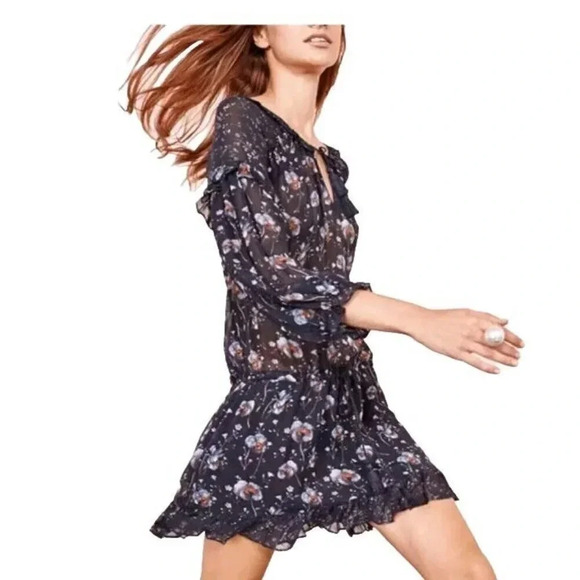 Ulla Johnson Dakota Mini Dress Women Size 4 Navy Silk Midnight Ruffle Neck Tie - Picture 4 of 16